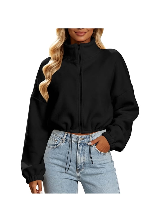 Women's Full Zip Fleece Cropped Jacket Long Sleeve Stand Collar Casual Loose Zip-Up Outerwear for Fall Winter