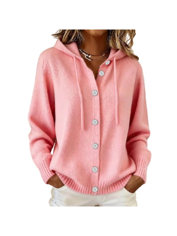 Women's Hooded Cardigan Sweater Coat Casual Long Sleeve Button Down Knit Tops with Pockets Solid Color Fall Winter Outerwear