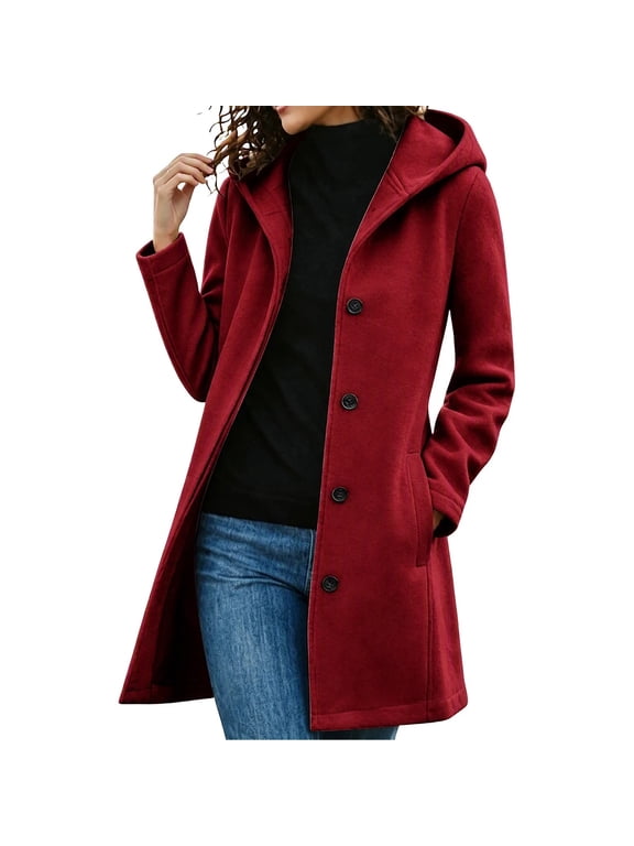 Women's Hooded Single-Breasted Mid-Length Coat with Side Pockets