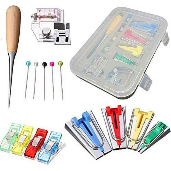 Bias Tape Maker 6mm 12mm 18mm 25mm Fabric Bias Binding Maker with Binder Foot Bradawl Quilting Clips Sewing Pins Kit (bias Tape Maker Set)