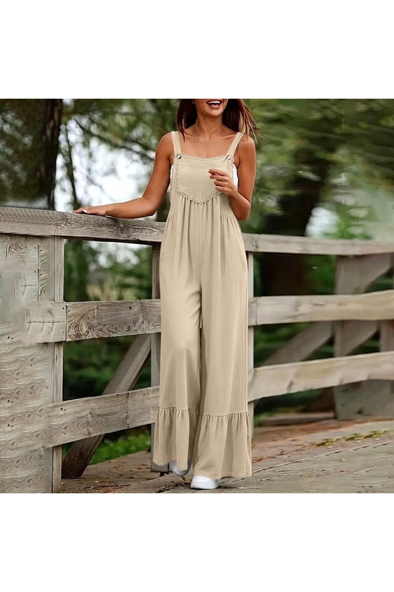 Bib Overalls Women Denim Women's Cotton Linen Overall Lace Patchwork Jumpsuit Ruffle Hem Wide Leg Pants with Pockets Boho Vacation Wear Khaki L