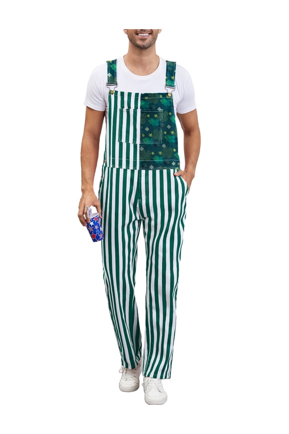 Bib Overalls for Men Striped Pants Adjustable Straps with Pockets(Green and White Striped,L)