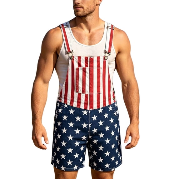 Bib Overalls for Men Retro Denim Star Print Short Overalls, Patriotic Holiday & Casual Daily Wear, 5XL