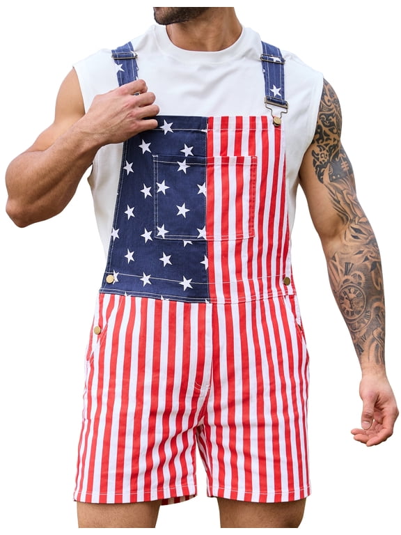 250th Anniversary American Flag Overalls Men Shorts 4th of July Jumpsuit Festival Coveralls Independence Day(Red White and Blue,2XL)