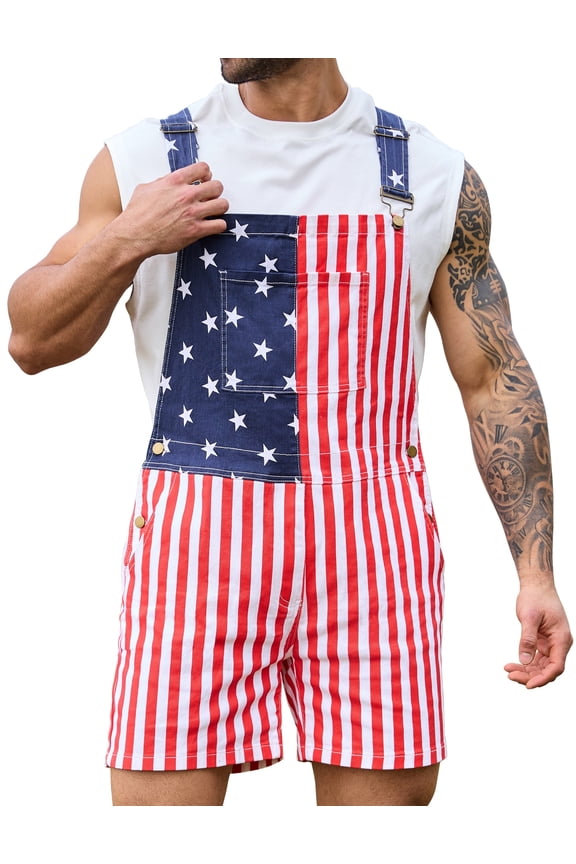 250th Anniversary American Flag Overalls Men Shorts 4th of July Jumpsuit Festival Coveralls Independence Day(Red White and Blue,XL)