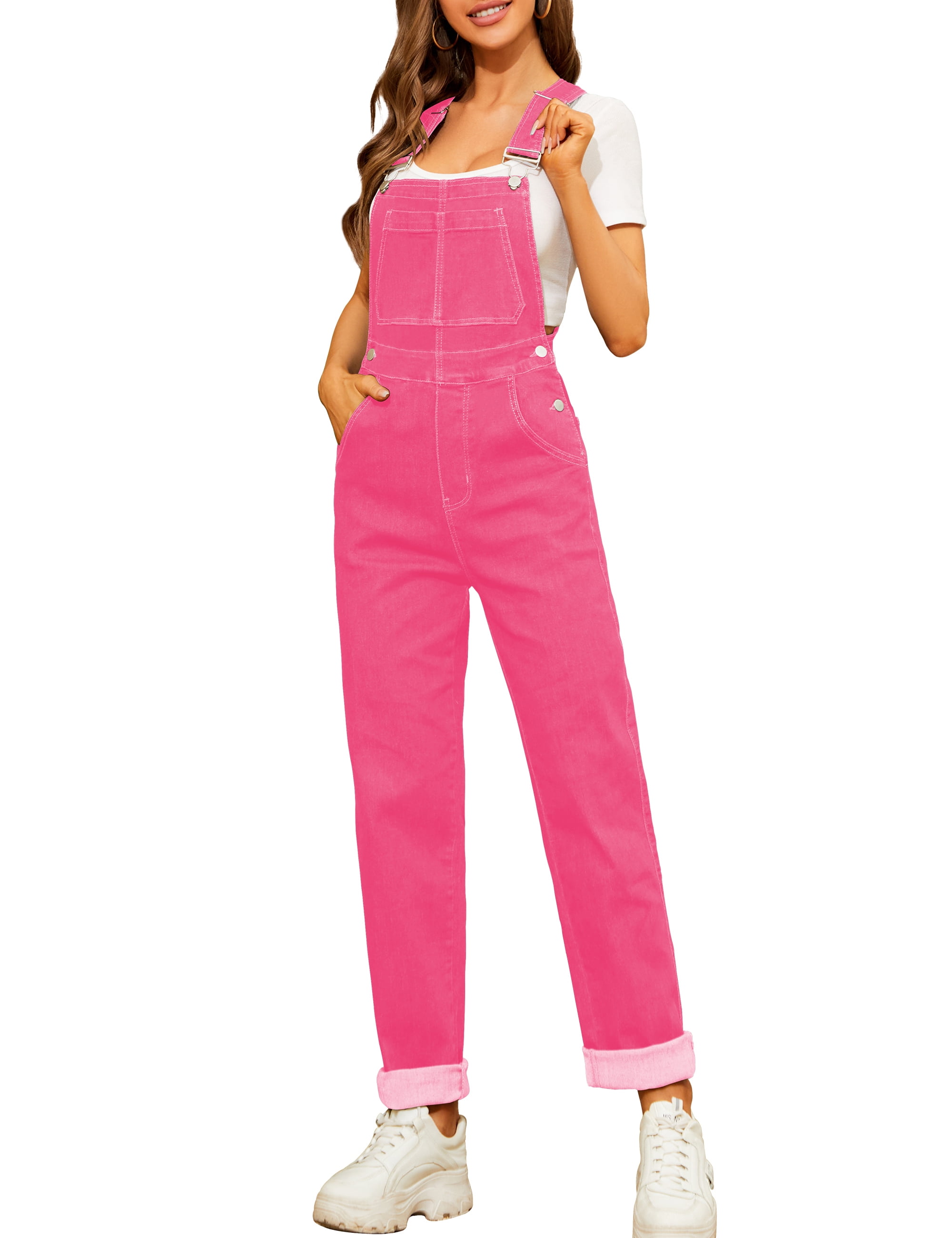 Bib Overalls for Women Fashion Jean Jumpsuit Adjustable Strap Coveralls(Pink,XL)