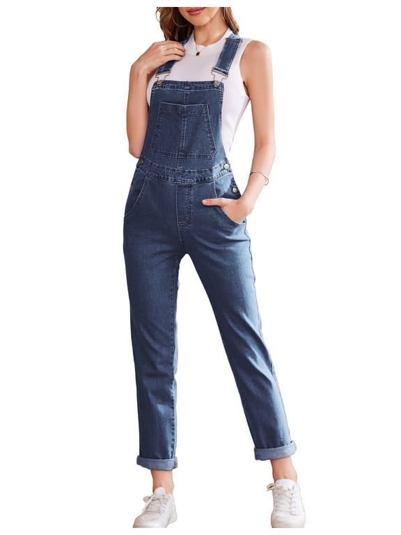 Bib Overalls for Women Fashion Jean Jumpsuit Adjustable Strap Coveralls(Dark Blue,L)