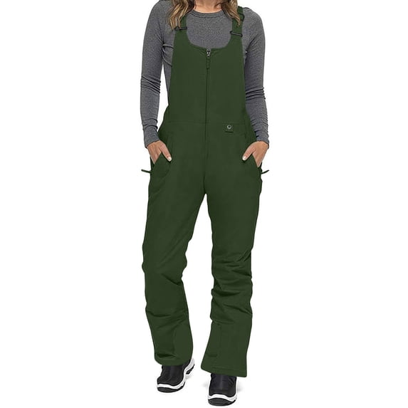 Bib Snow Pants for Women Elastic Waist Windproof Waterproof Snowpants Insulated Romper Activewear Overalls for Skiing with Pockets Green L
