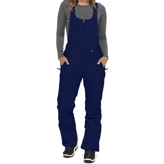 Bib Snow Pants for Women Elastic Waist Windproof Waterproof Snowpants Insulated Romper Activewear Overalls for Skiing with Pockets Navy M