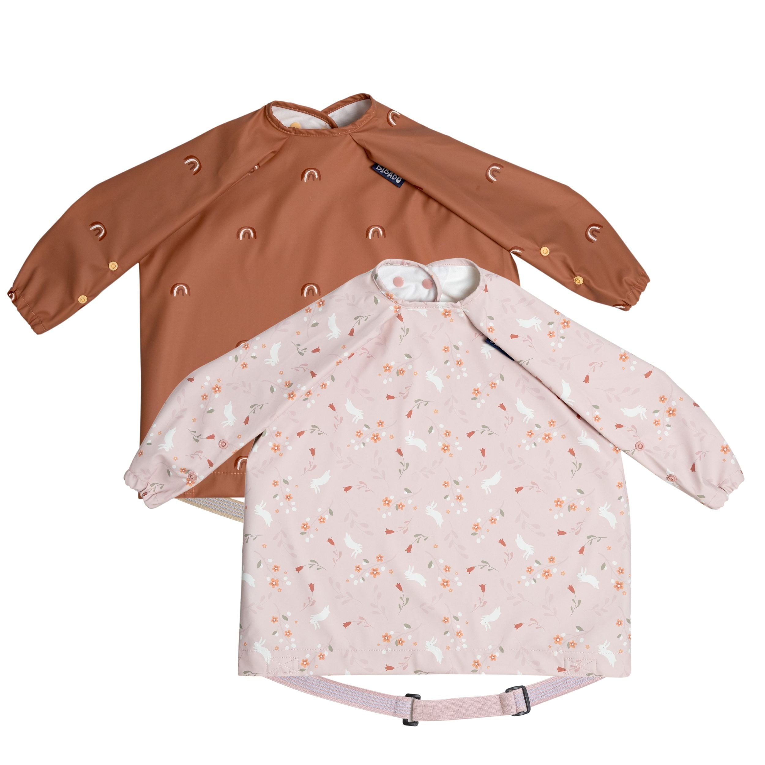 Bibado Coverall Weaning Bib 2 pack - Chasing Rainbows & Floral Bunnies
