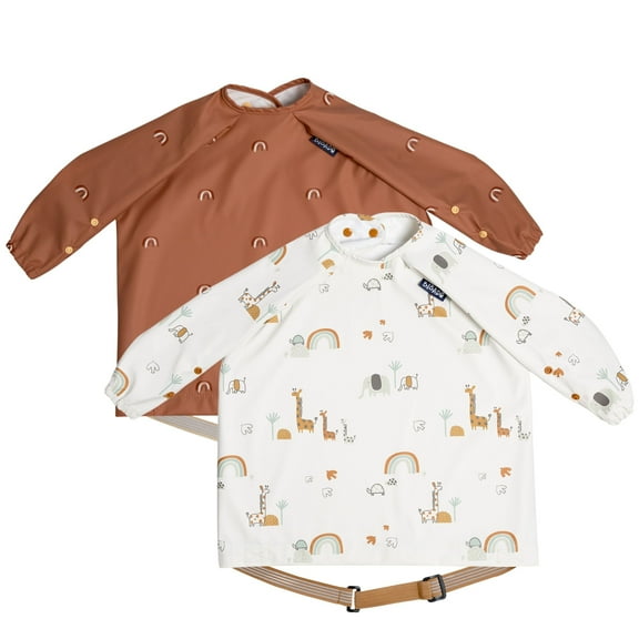 Bibado Coverall Weaning Bib 2 pack - Chasing Rainbows & Serengeti Spaghetti