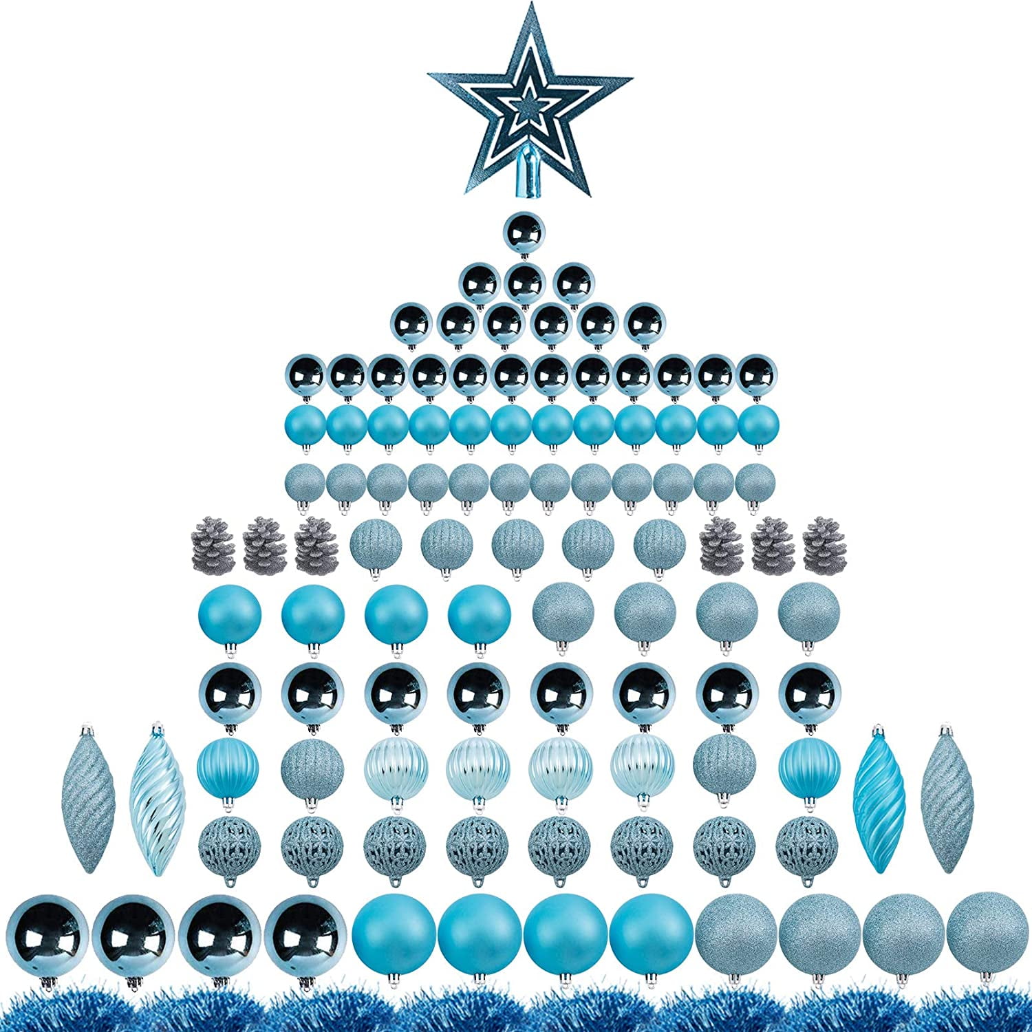 Blue Shatterproof Plastic Christmas Ornament Set with 119 Pieces