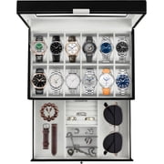 Bibana 12-Slot Watch Box with Lock, PU Leather Jewelry Organizer with Glass Lid & 2 Drawers for Men and Women