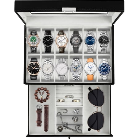 Bibana 12-Slot Watch Box with Lock, PU Leather Jewelry Organizer with Glass Lid & 2 Drawers for Men and Women