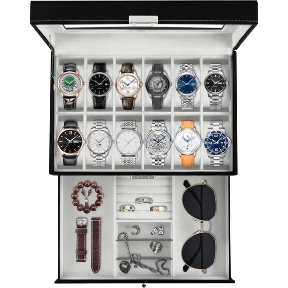 Bibana 12-Slot Watch Box with Lock, PU Leather Jewelry Organizer with Glass Lid & 2 Drawers for Men and Women