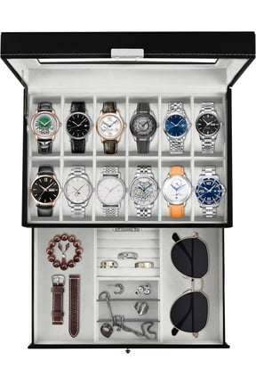 12-Slot Watch Box with Lock, PU Leather Jewelry Organizer with Glass Lid & 2 Drawers for Men and Women