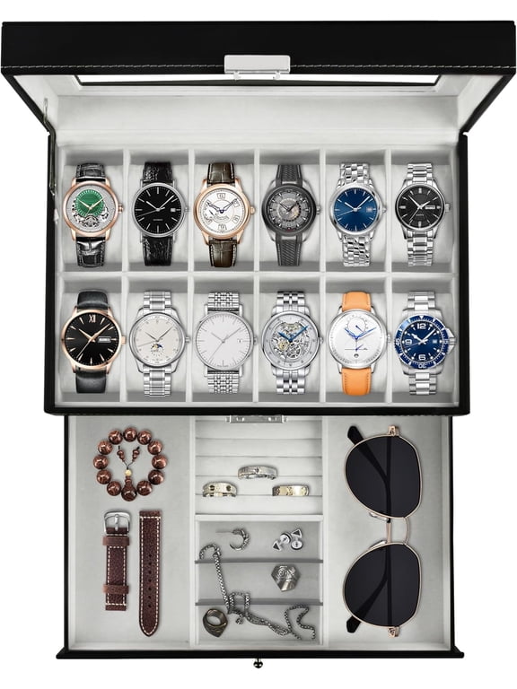 12-Slot Watch Box with Lock, PU Leather Jewelry Organizer with Glass Lid & 2 Drawers for Men and Women