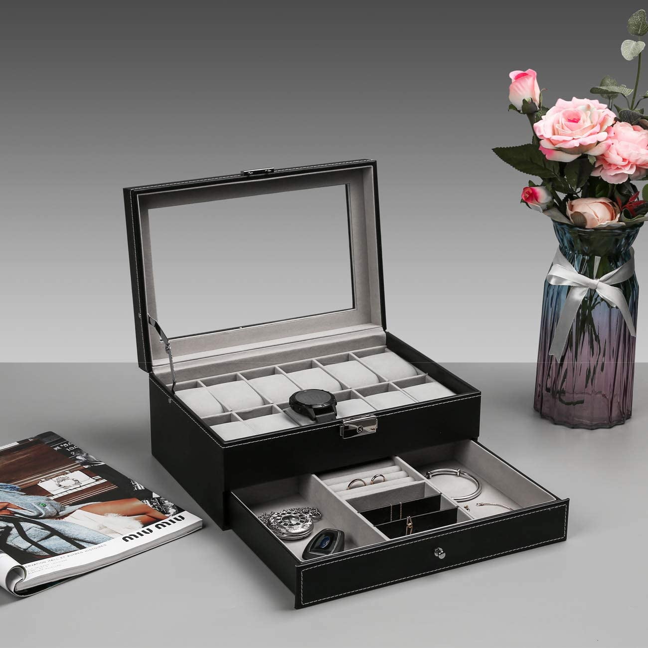 Black Leather 12-Slot Watch and Jewelry Organizer with Glass Lid