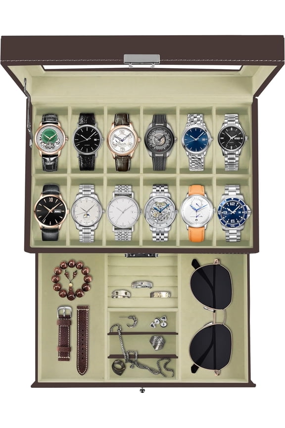 12 Slot PU Leather Lockable Watch Storage Boxes, Men & Women Jewelry Display Drawer Case, 2-tier Organizer Watch Showcase with Glass Lid(Brown)