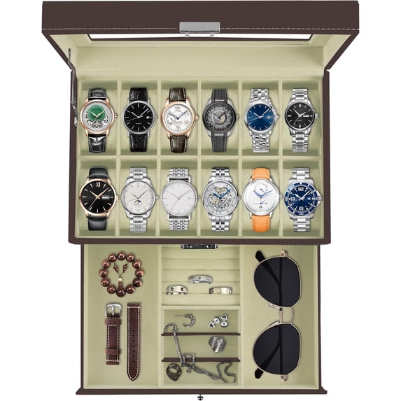 Bibana 12 Slot PU Leather Lockable Watch Storage Boxes, Men & Women Jewelry Display Drawer Case, 2-tier Organizer Watch Showcase with Glass Lid(Brown)