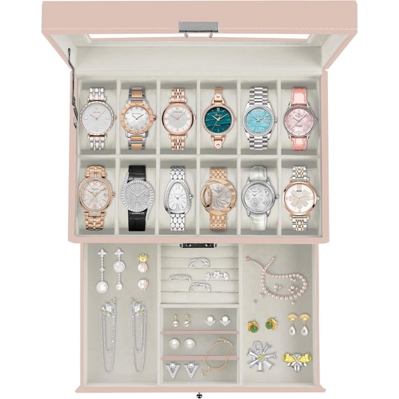 Bibana 12 Slot PU Leather Lockable Watch Storage Boxes, Men & Women Jewelry Display Drawer Case, 2-tier Organizer Watch Showcase with Glass Lid(Pink)