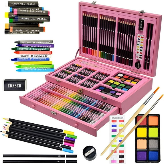 Bibana 145 Piece Deluxe Art Set, Wooden Art Box & Drawing Kit with Crayons, Oil Pastels, Colored Pencils, Watercolor Cakes, Sketch Pencils, Paint Brush, Sharpener, Eraser, Color Chart