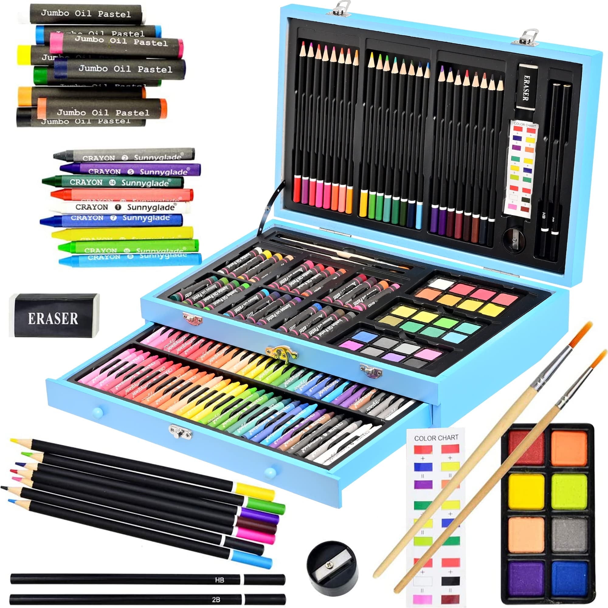 Bibana 145 Piece Deluxe Art Set, Wooden Box & Drawing Kit with Crayons, Oil Pastels, Colored Pencils, Watercolor Cakes, Sketch Pencils, Paint Brush, Sharpener, Eraser, Color Chart