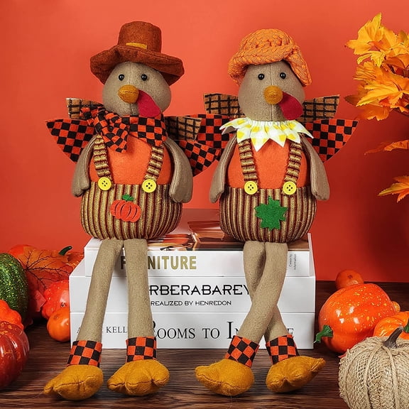 Bibana 16.5 Inch 2 Pack Stuffed Turkey Couple Doll Thanksgiving Tabletop Decorations Exquisite Handmade Turkey Plush Doll Kit for Autumn Harvest Home and Room Table Ornaments