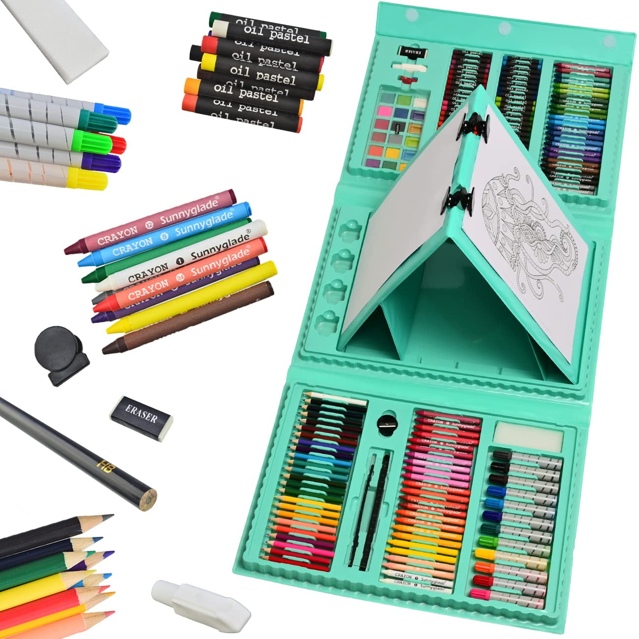 Bibana 185 Pieces Double Sided Trifold Easel Art Set, Drawing Art Box with Oil Pastels, Crayons, Colored Pencils, Markers, Paint Brush, Watercolor Cakes, Sketch Pad (Green)
