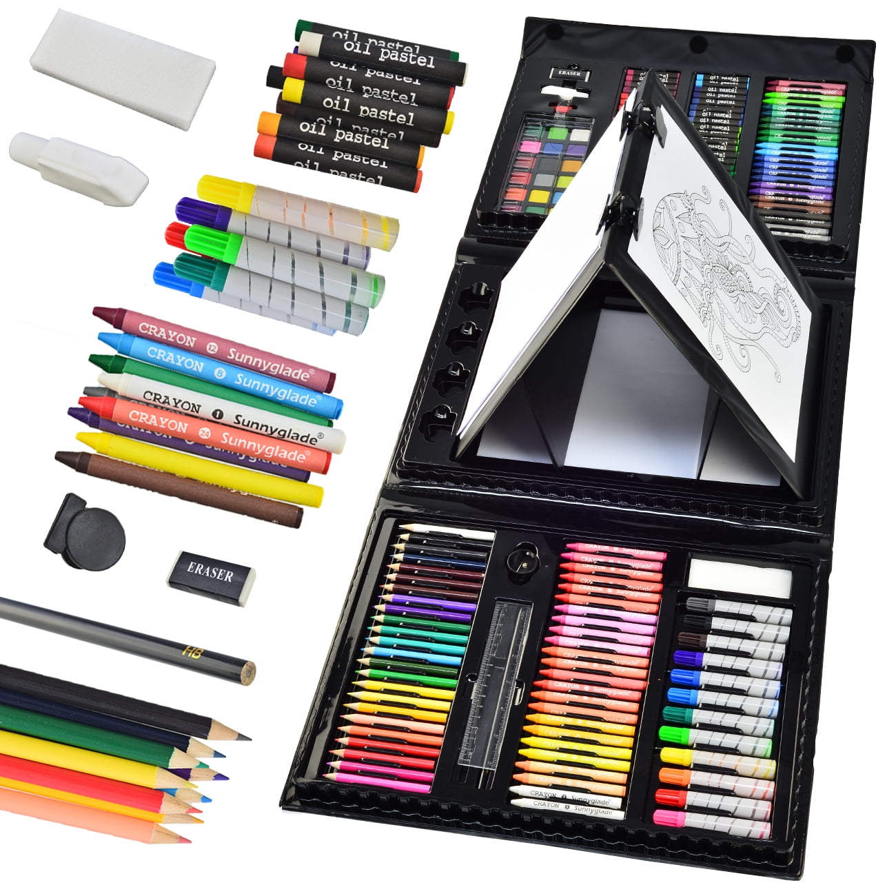 Bibana 185 Pieces Drawing Art Set，Double Sided Trifold Easel Art Box with Oil Pastels, Crayons, Colored Pencils, Markers, Paint Brush, Watercolor Cakes, Sketch Pad (Black Art Supplies)