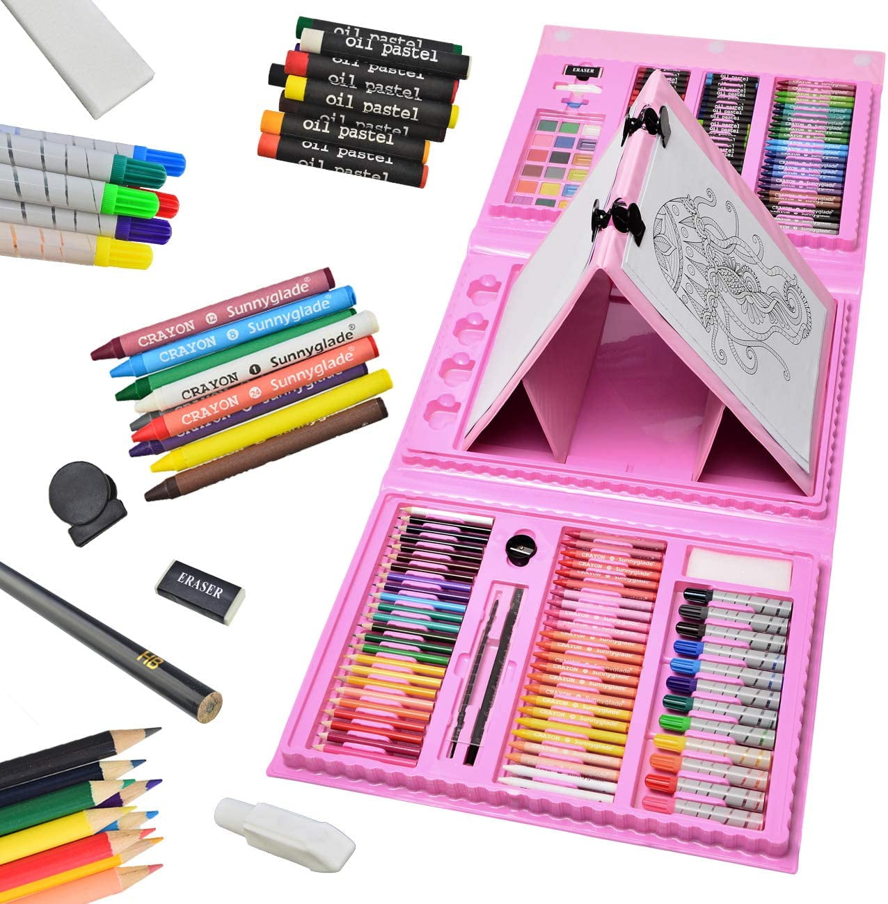 Bibana 185 Pieces Drawing Art Set，Double Sided Trifold Easel Art Box with Oil Pastels, Crayons, Colored Pencils, Markers, Paint Brush, Watercolor Cakes, Sketch Pad (Pink Art Supplies)