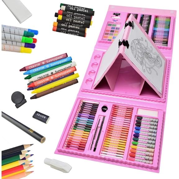 Bibana 185 Pieces Drawing Art Set,Double Sided Trifold Easel Art Box with Oil Pastels, Crayons, Colored Pencils, Markers, Paint Brush, Watercolor Cakes, Sketch Pad (Pink Art Supplies)