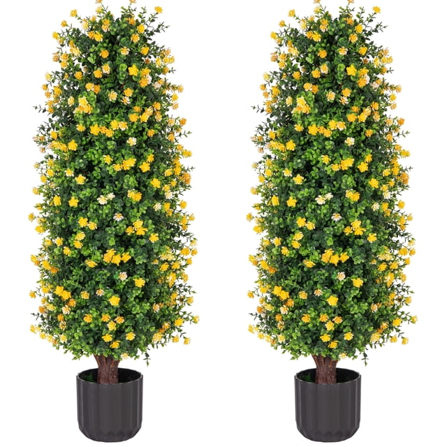 Bibana 2 Pack 3FT Artificial Tree with Cement Filled Potted Faux Flower ...