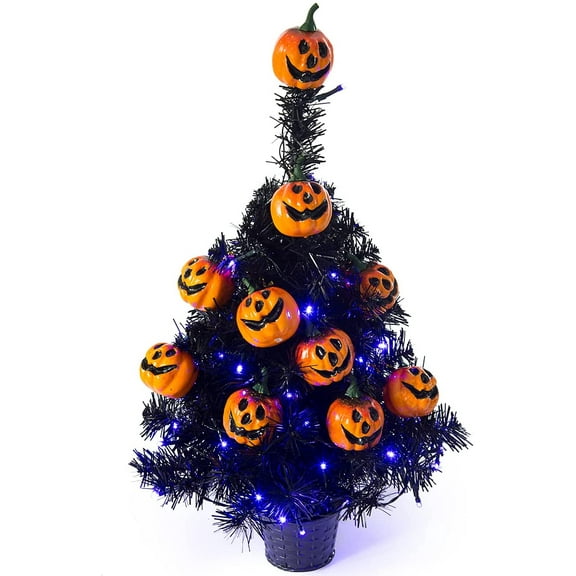 Bibana 21.6 30 LED Halloween Black Spooky Tree Glittered with Purple Lights & 12 Pumpkin Decorations,Battery Powered for Halloween Indoor Tabletop Decoration