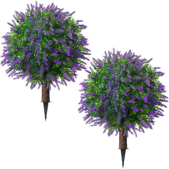 Bibana 25.5" Set of 2 Artificial Lavender Topiary Ball Trees, Faux Lavender Shrub Bushes with Ground Spike, UV Resistant Fake Plants for Indoor, Garden, Yard, Porch, Patio Decor (Purple)