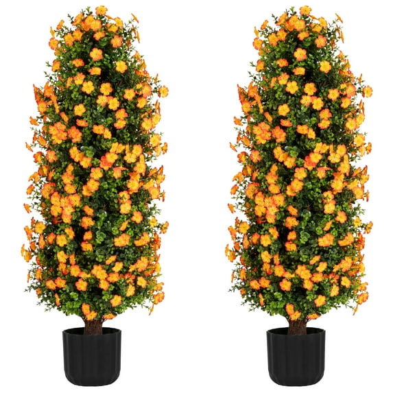 Bibana 37" 2 Packs Orange Artificial Plum Blossom Tree, Fake Floral Plant Tree in Pot, Faux Potted Decorative Topiary Plant, Cement Filled Flower Trees for Modern Home Office Indoor Outdoor