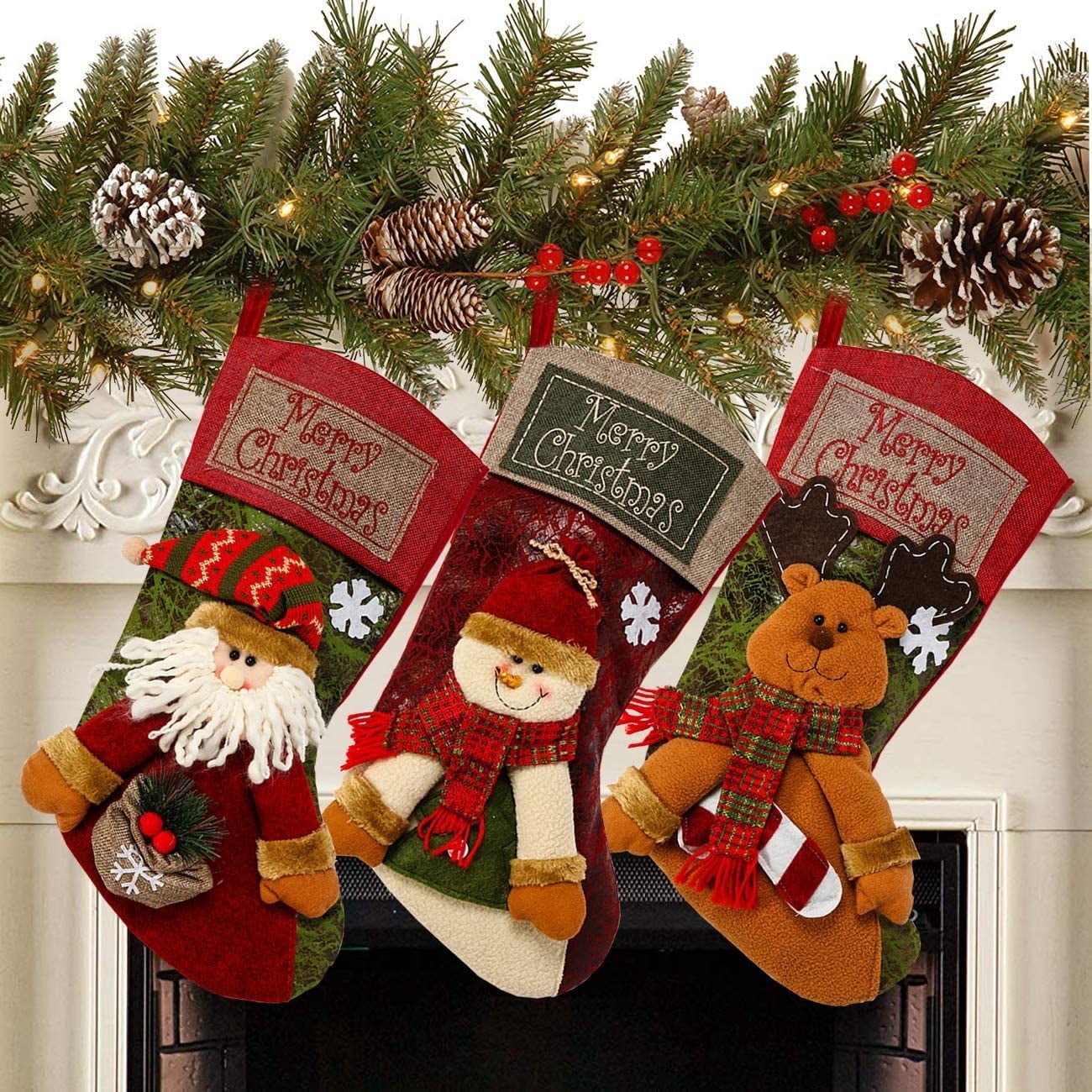 Bibana 3PCS 18" Christmas Stocking Classic Large Stockings Santa, Snowman, Reindeer Xmas Character for Family Holiday Christmas Party Decorations