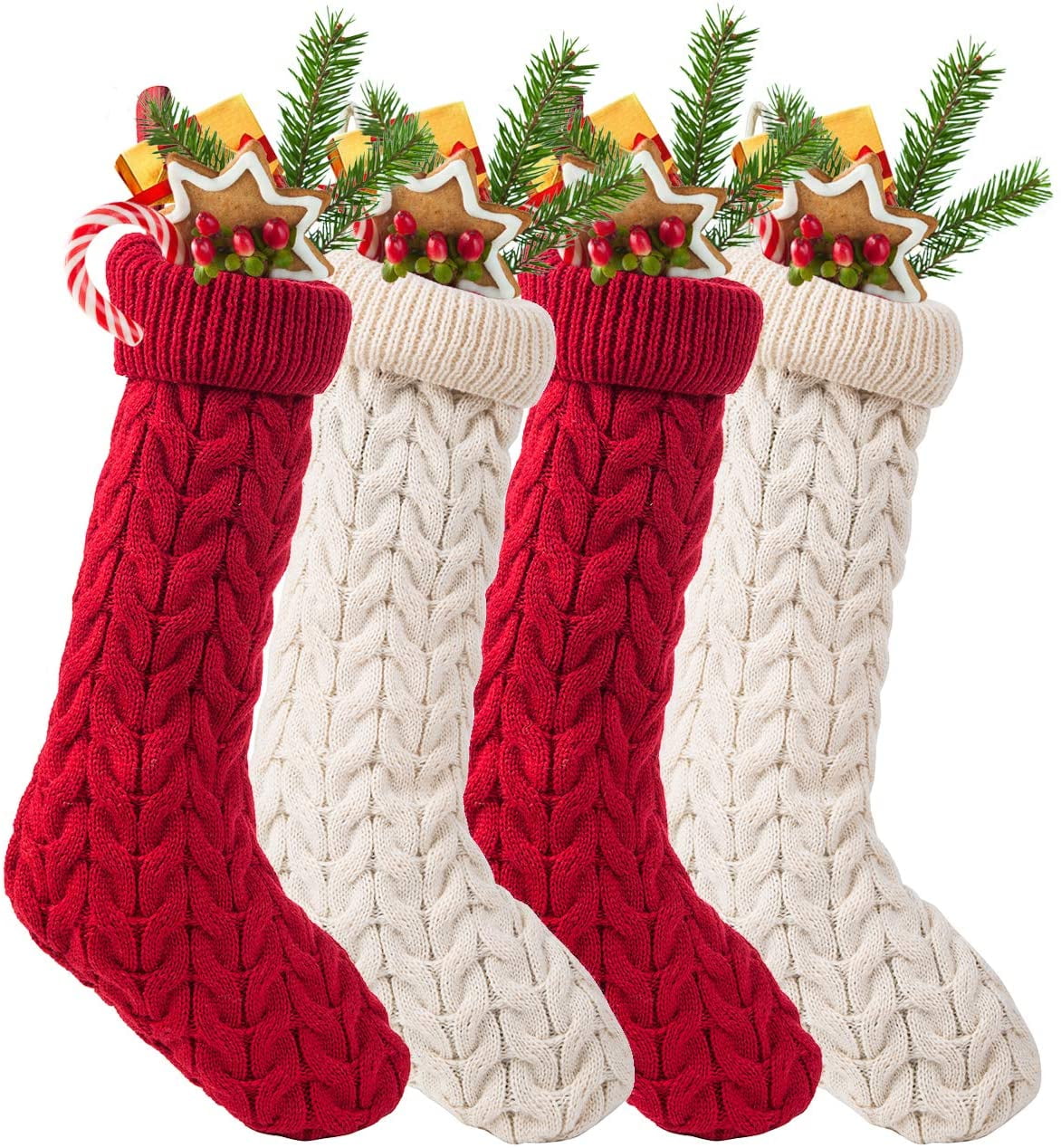 Large Knitted Christmas Stockings in Cream and Burgundy, Set of 4