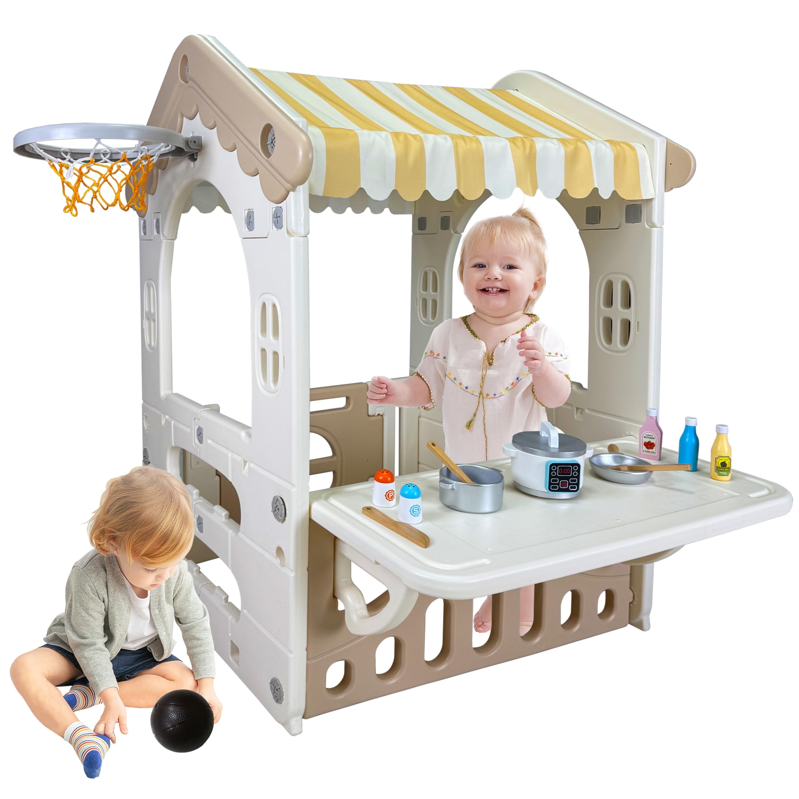 Bibana 41.3" x 31.4" x 29" Kids Cottage Playhouse, Indoor/Outdoor Toddler Playhouse with Working Doors, Worktop & Basketball Hoop, Durable Plastic Playset for Kids Ages 1+ Years Old