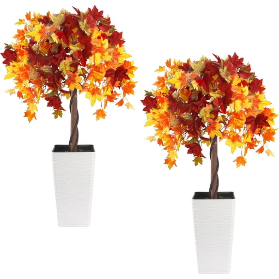 Bibana 4FT Set of 2 Artificial Maple Trees with Wavy Planters, Fall Decor Topiary