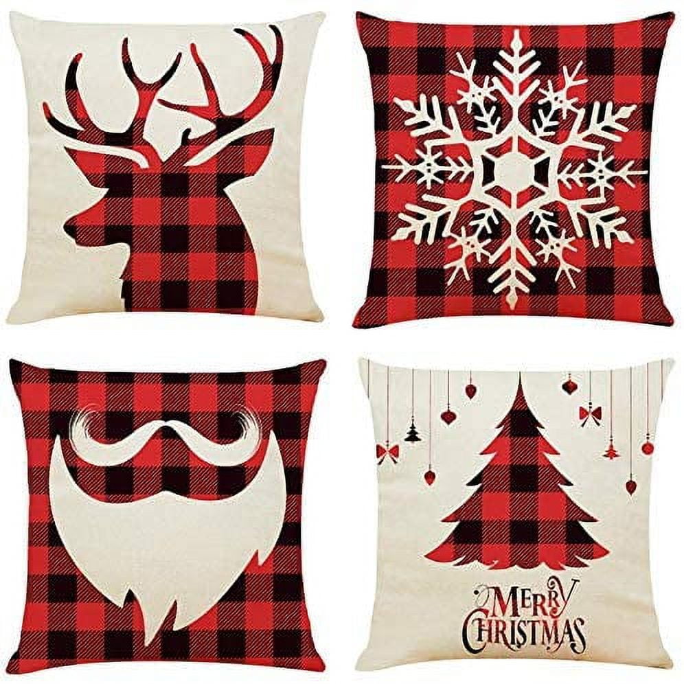 Christmas Red and Black Plaid Cotton Linen Embroidered Euro Pillow Covers