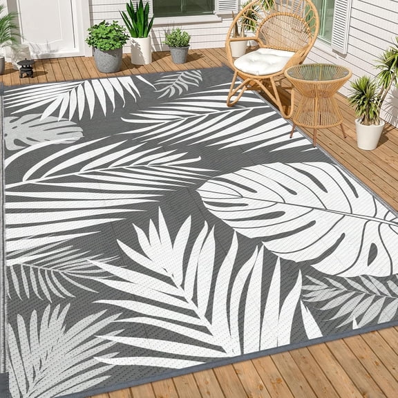 Bibana 5ft x 8ft Outdoor Rug, Reversible Waterproof Plastic Straw Mat for Patio, Deck, RV, Porch, Balcony & Backyard, Indoor/Outdoor Floor Carpet (Gray Leaves)