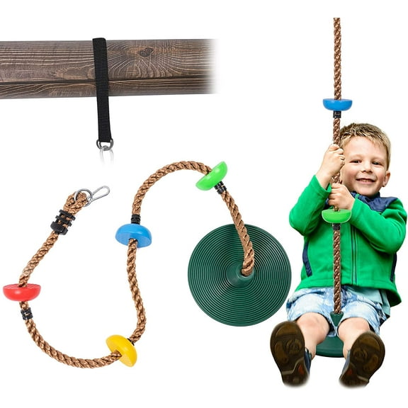 Bibana 6.5 ft Kids Climbing Rope Tree Swing Seat Set with Platforms & Disc Outdoor Swing Seat Including Hanging Strap & Locking Carabiner