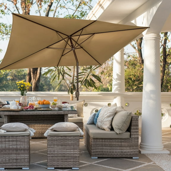 Bibana 6.5x10ft Patio Umbrella Rectangular Outdoor Table Umbrella with Crank & Push Button Tilt for Terrace, Backyard, Garden, Courtyard, Swimming Pool, Lawn (Tan)