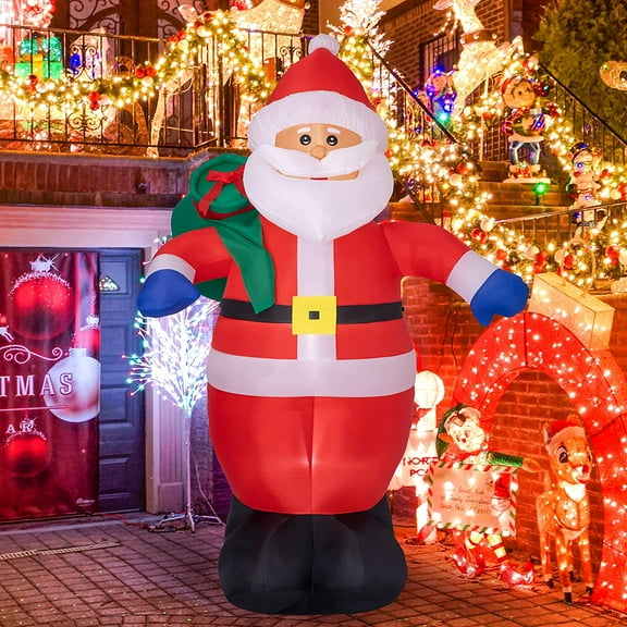 Bibana 8 FT Christmas Inflatable Santa Outdoor Decorations Santa Claus with Green Gift Bag Blow Up Yard Christmas Decor Built-in LED Lights for Christmas Holiday Garden / Yard Decorations