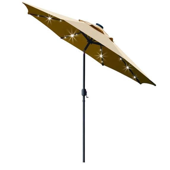 Bibana 9ft Solar 24 LED Lighted Patio Umbrella with 8 Ribs, Adjustment and Crank Lift System (Tan)