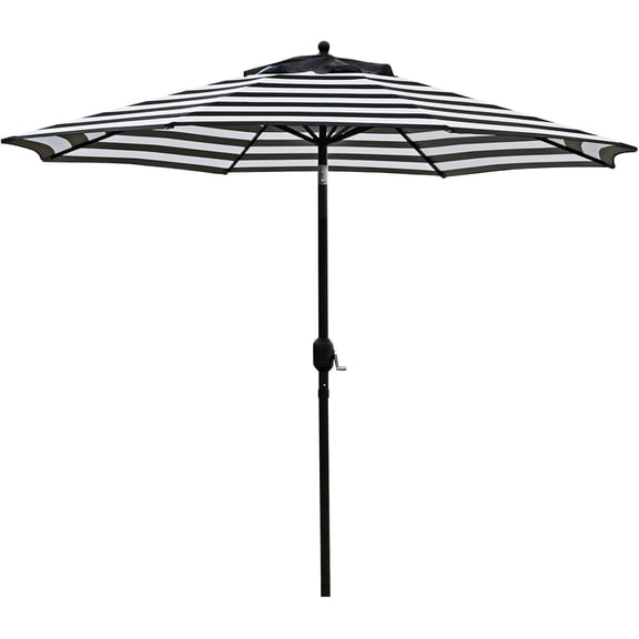 Bibana 9 ft Outdoor Patio Umbrella with Push Button Tilt, Easy Crank Lift, 8 Steel Ribs - Black and White