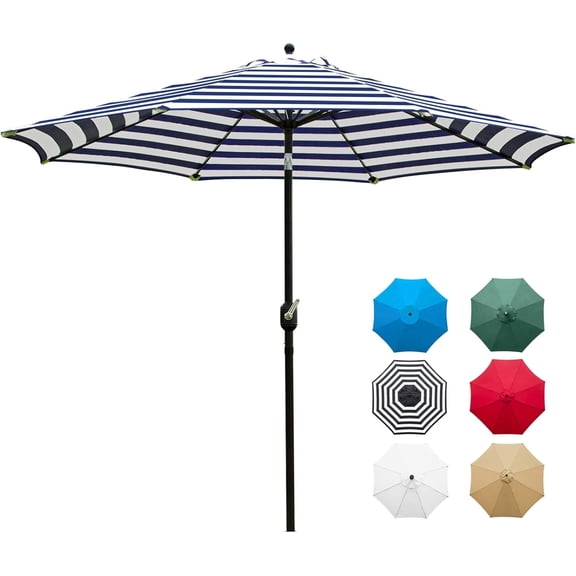Bibana 9 ft Outdoor Patio Umbrella with Push Button Tilt, Easy Crank Lift, 8 Steel Ribs - Blue and White
