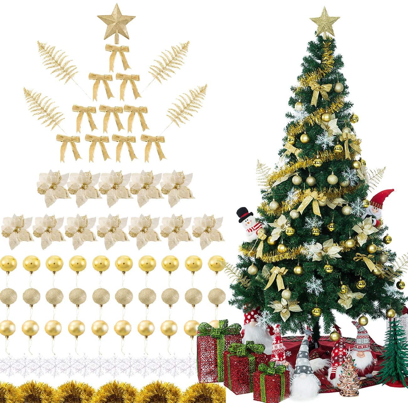 Golden 94 PCS Christmas Tree Ornament Set with Poinsettia and Bows