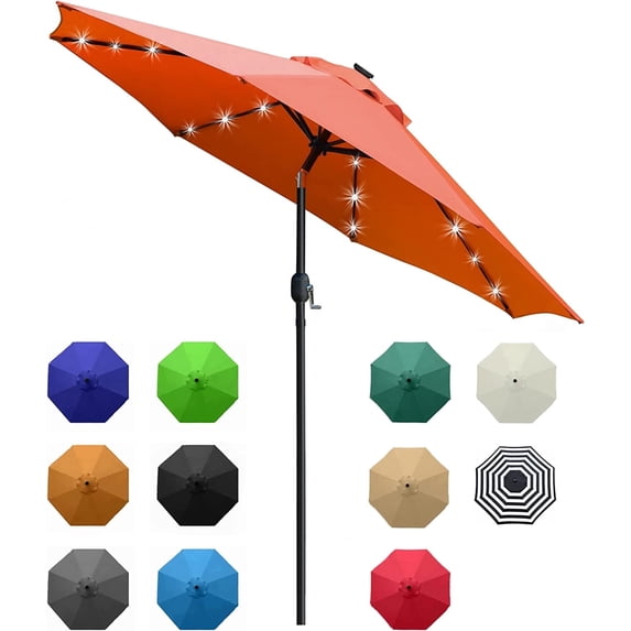 Bibana 9ft Solar 24 LED Lighted Patio Umbrella with 8 Ribs, Adjustment and Crank Lift System (Orange)